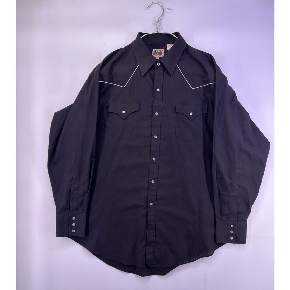 Ely Cattleman Black Long Sleeve White Piping Pearl Snaps 2XL